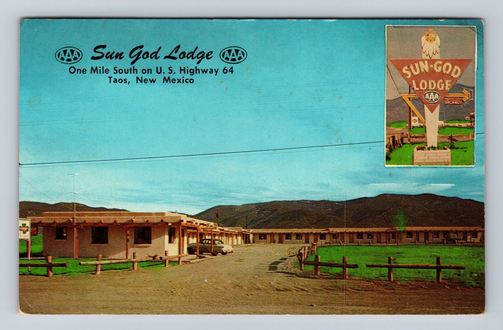 Taos NM-New Mexico, Sun God Lodge, Advertising, Antique Vintage Postcard