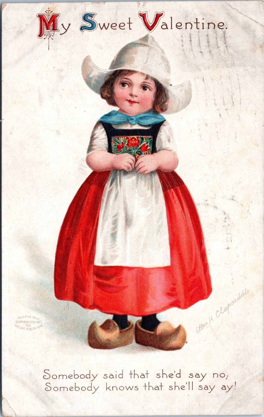 1914 Valentine Postcard- Ellen Clapsaddle artist signed -Little Dutch Girl