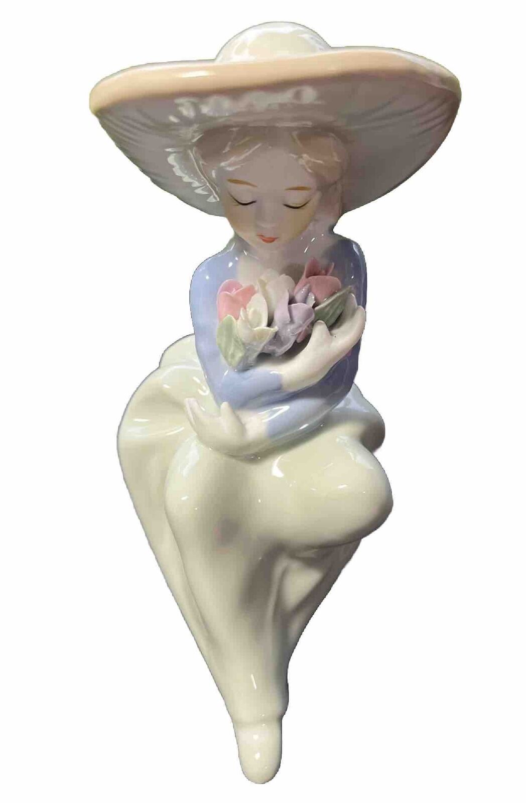 Vintage Demure Porcelain Lady & Tulips Figurine 6.5” Pastel Colors Hat Flowers
