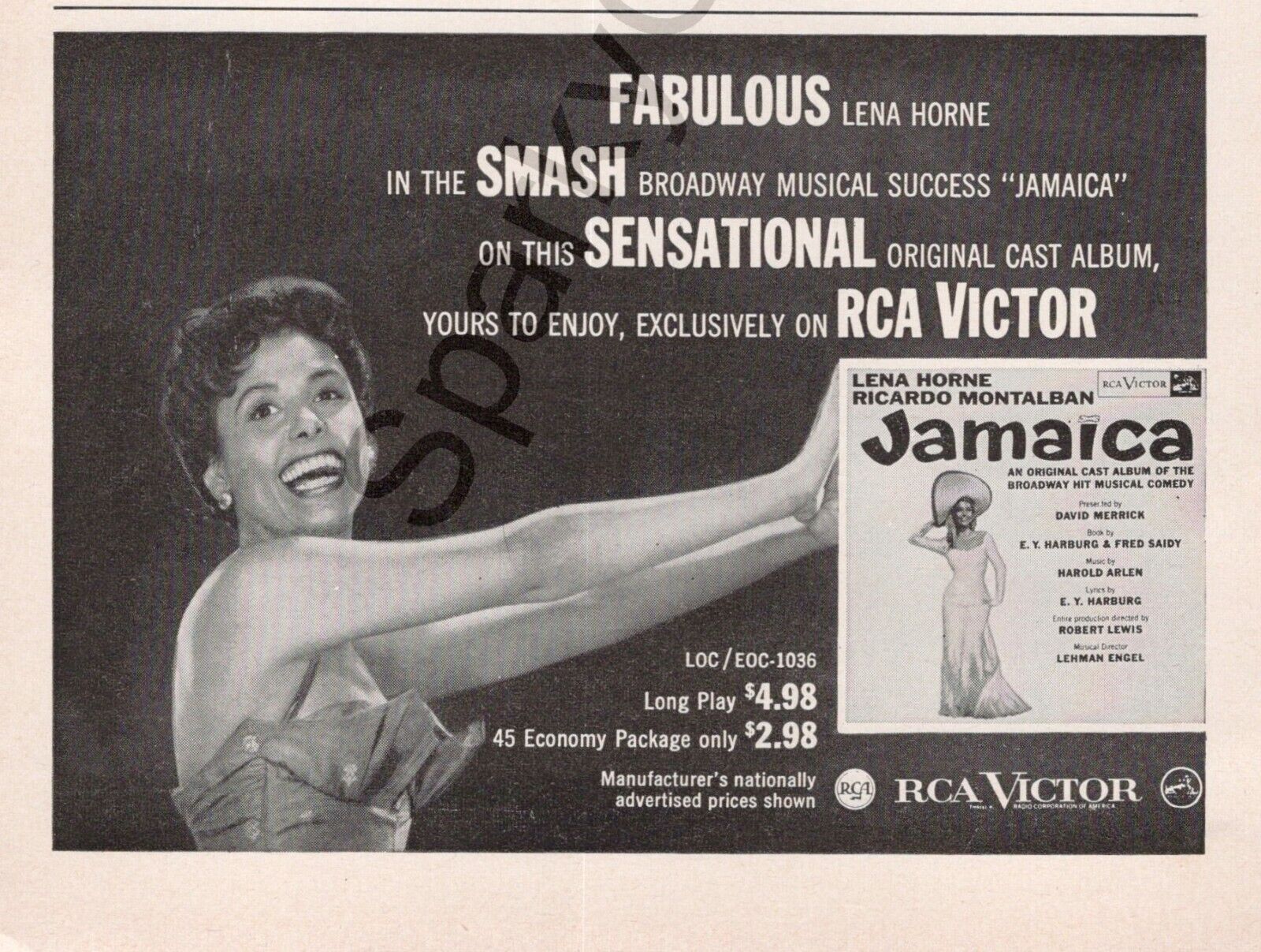 Lena Horne Ricardo Montalban Jamaica Record Print Ad 1958