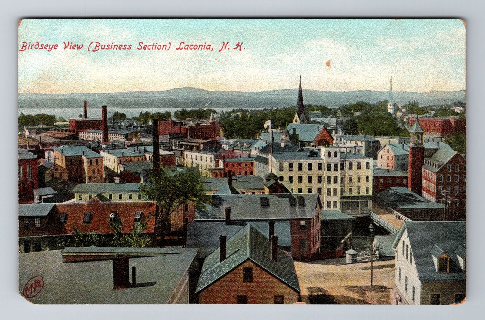 Laconia NH-New Hampshire, Aerial Of Business Section, Antique, Vintage Postcard
