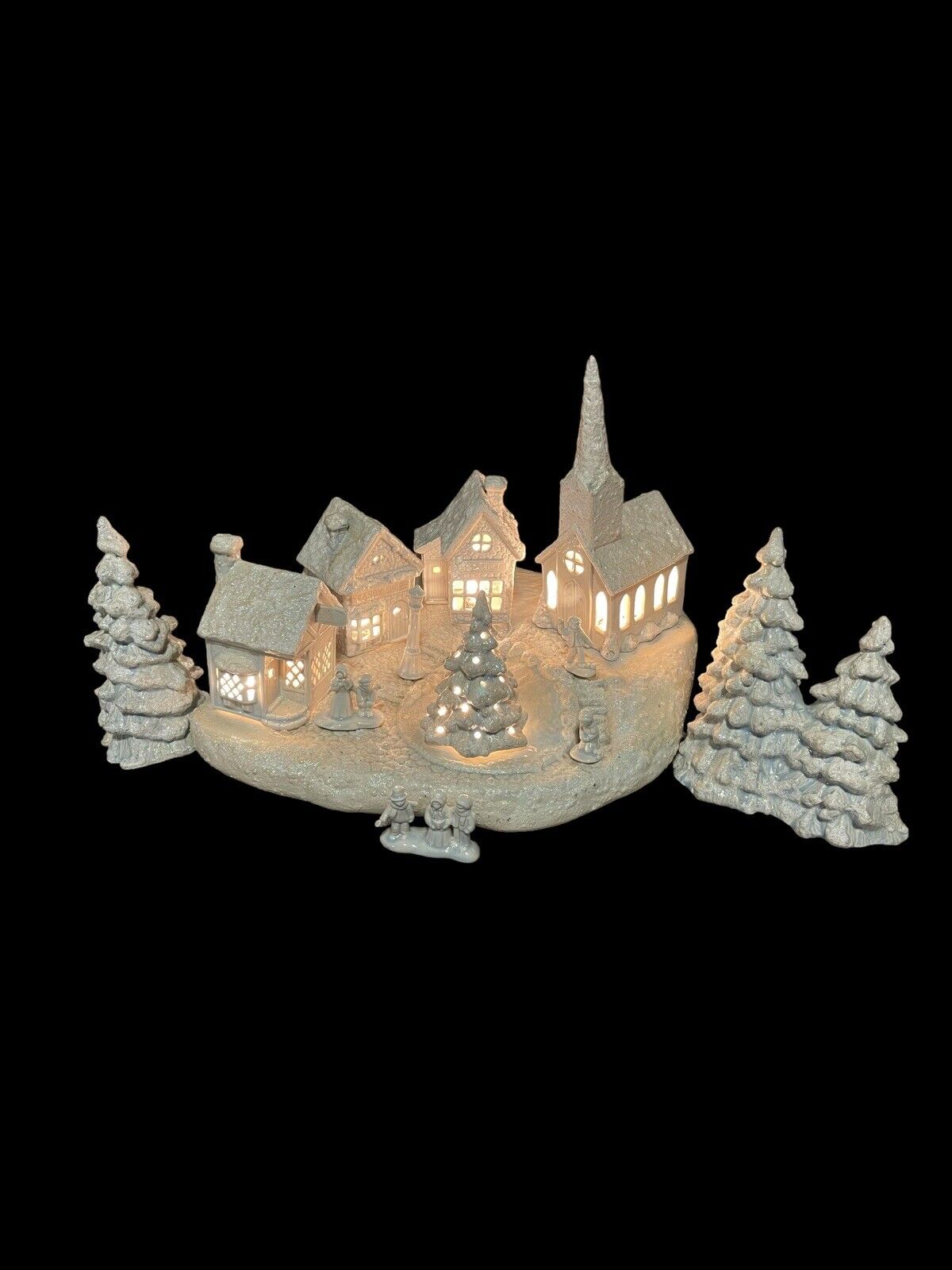 Rare White Glitter Large Christmas Village 13 pc set. Works Great