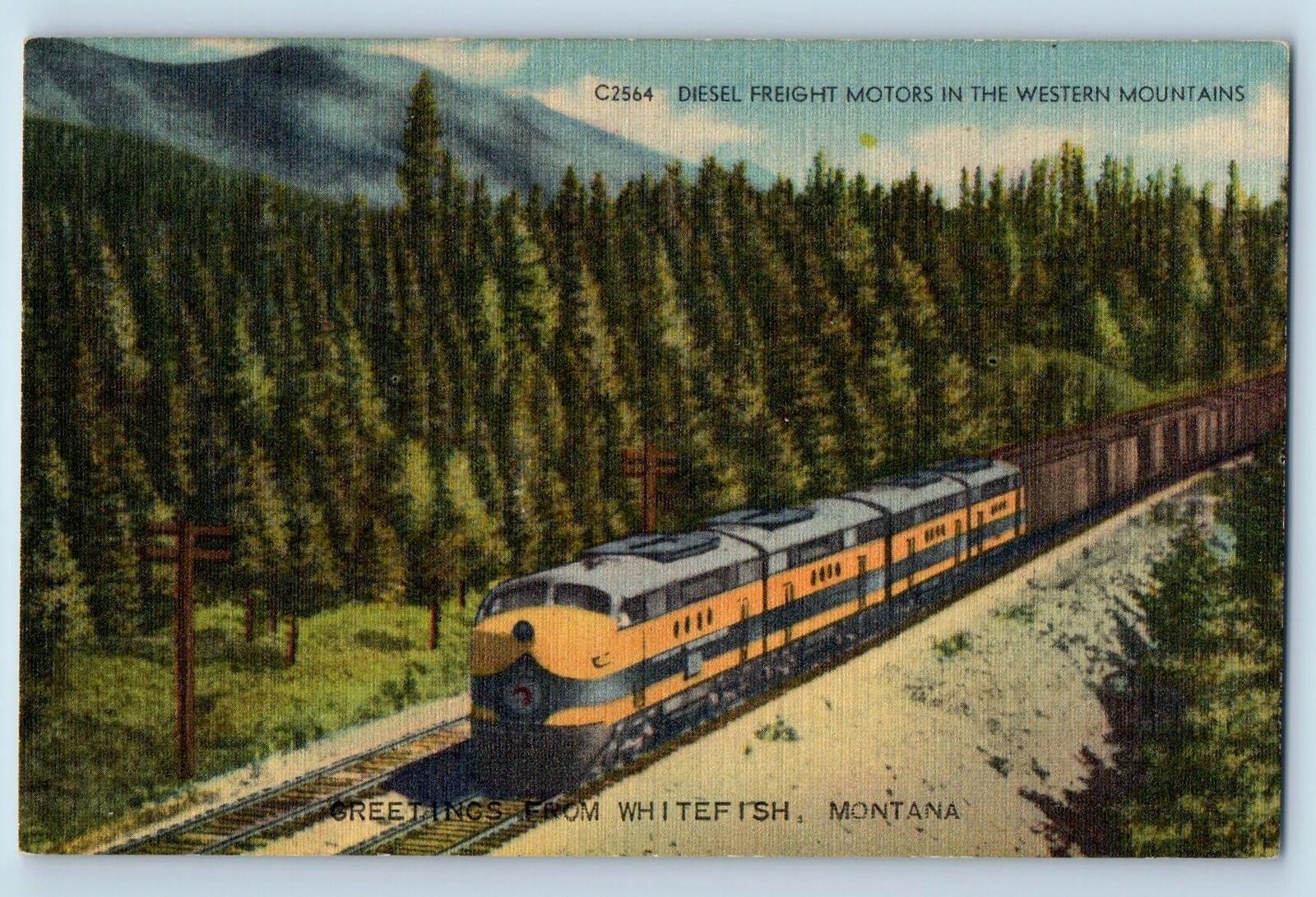 c1940 Greetings From Whitefish Diesel Freight Motors Locomotive Montana Postcard