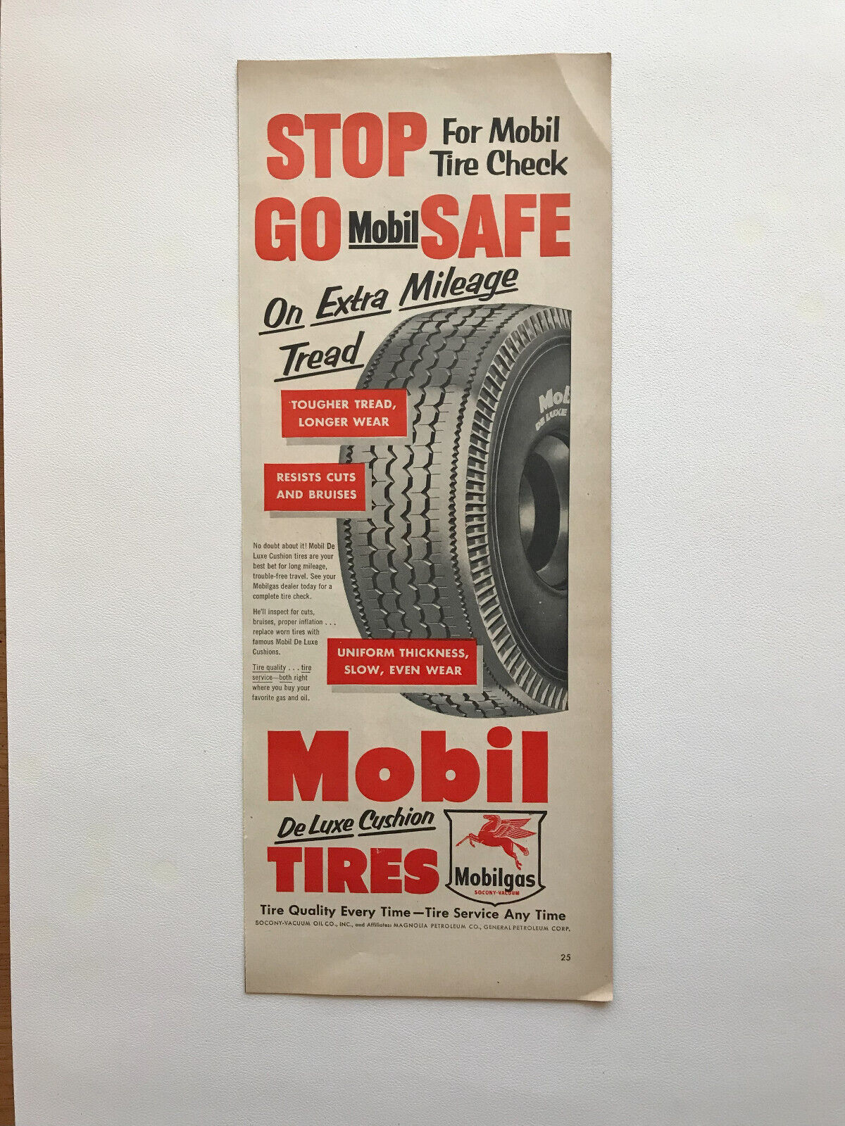 1953 Mobil Deluxe Cushion Tires Mobilgas Vintage Print Ad
