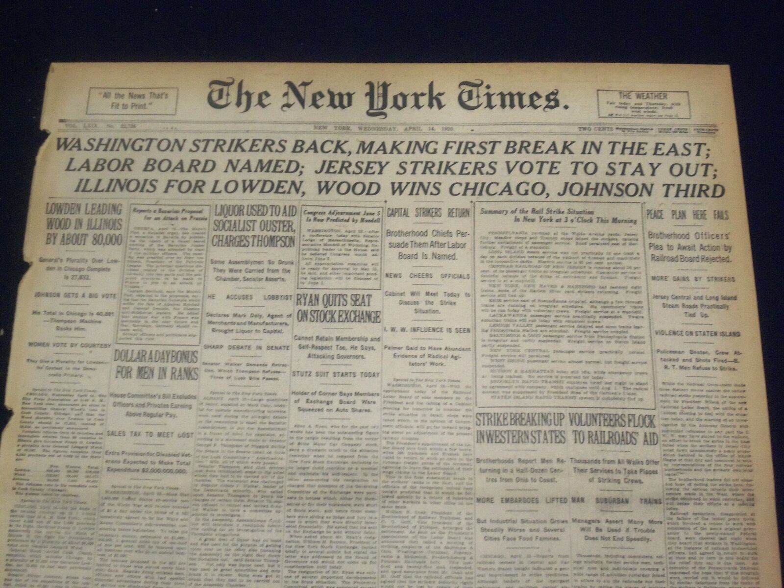 1920 APRIL 14 NEW YORK TIMES - WOOD WINS CHICAGO, JOHNSON THIRD - NT 8305