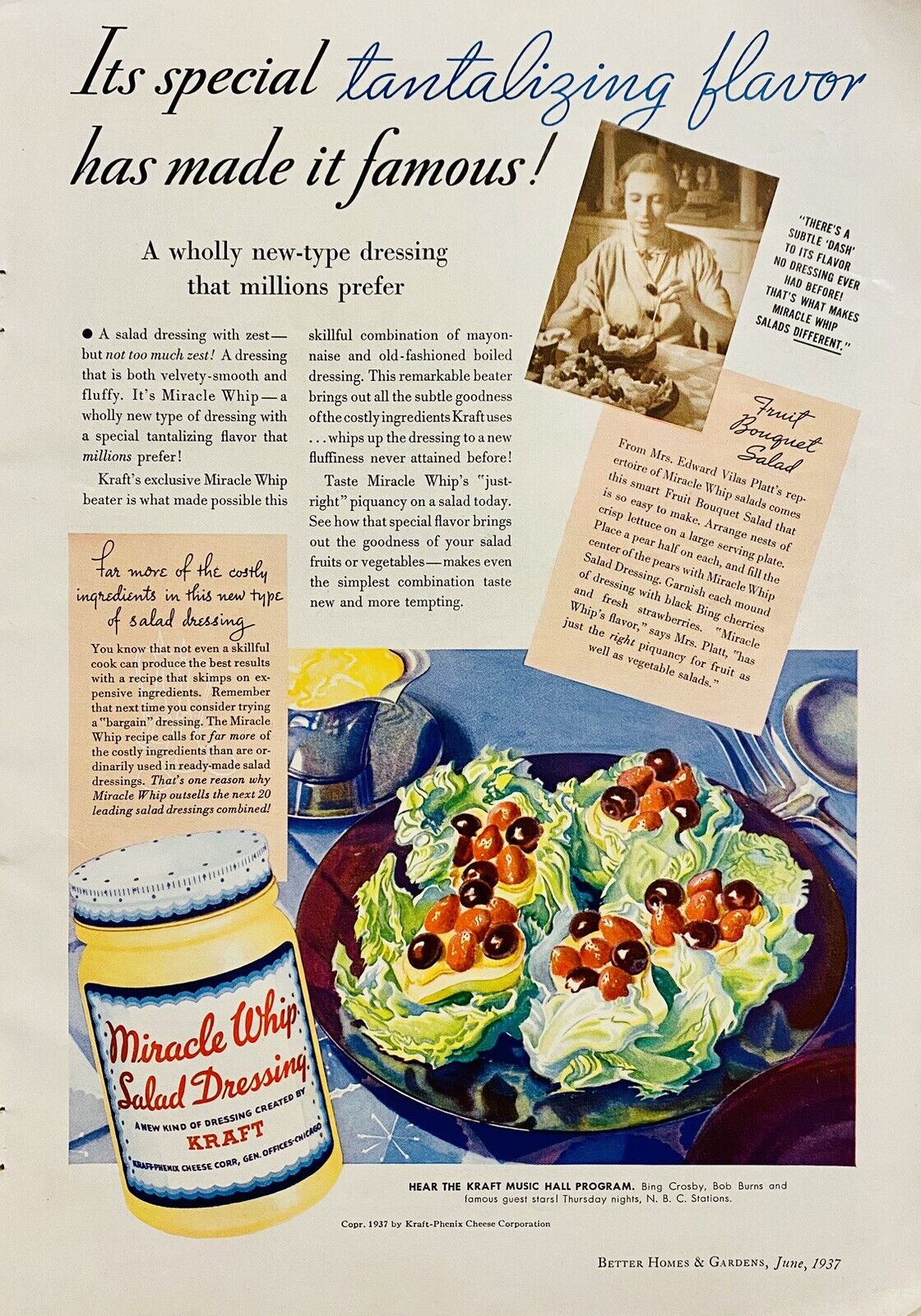 Vtg Print Ad 1937 Kraft Miracle Whip Salad Dressing Mayonnaise Retro Kitchen