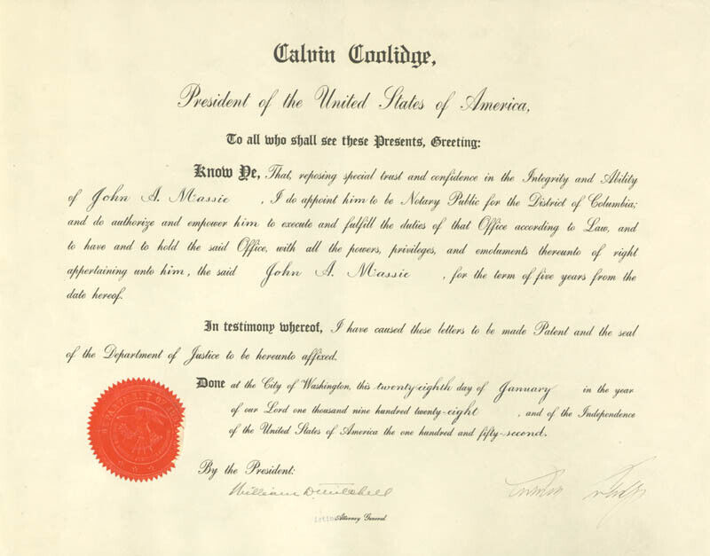 CALVIN COOLIDGE - CIVIL APPOINTMENT SIGNED 01/28/1928 WITH CO-SIGNERS