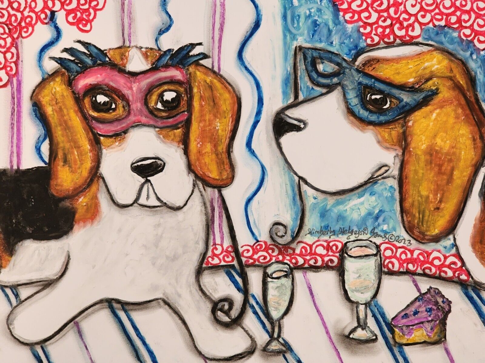 Beagle Masquerade DOG ART 5x7 Print by Artist Kimberly Helgeson Sams Champagne