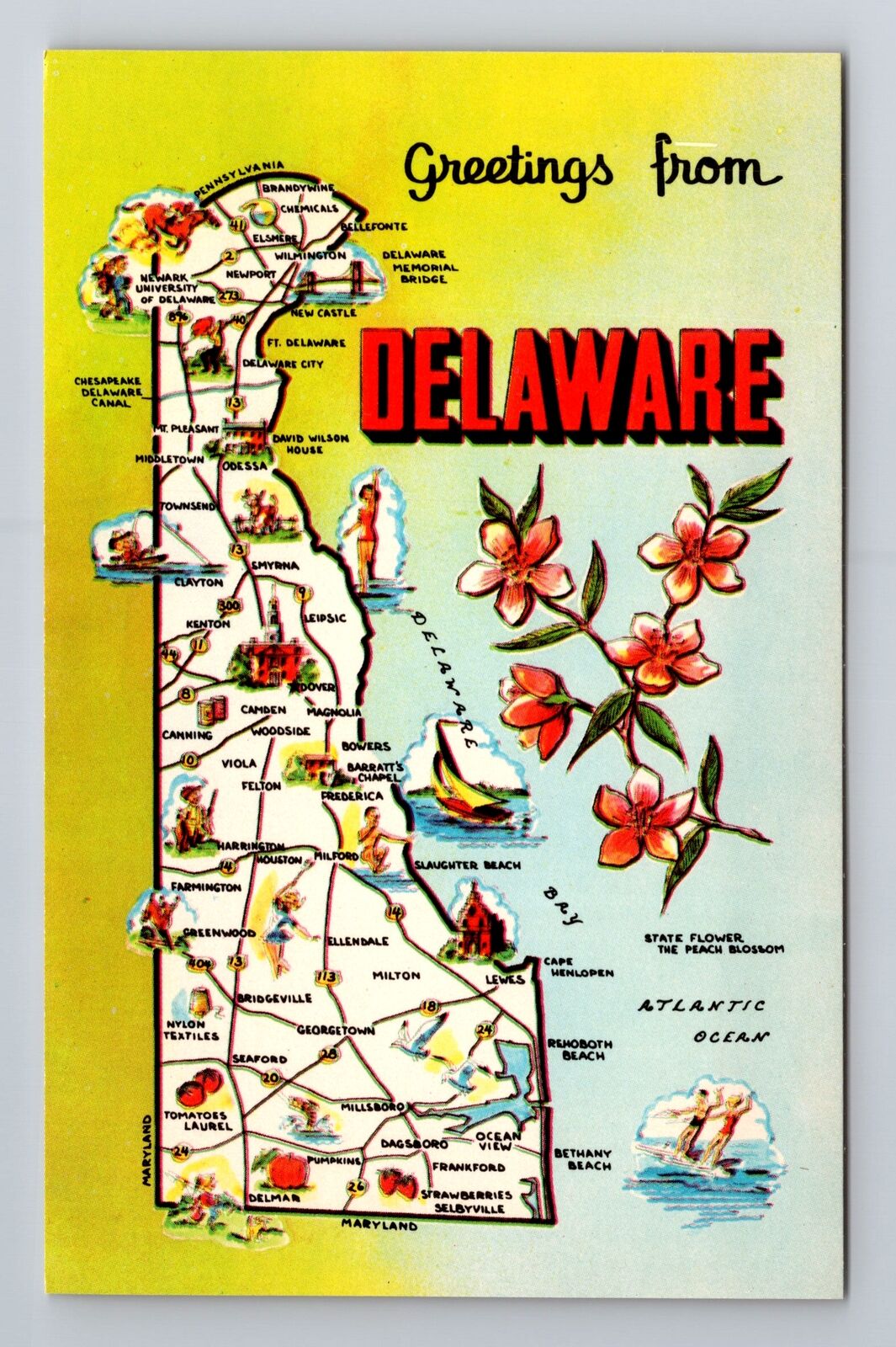 DE-Delaware, General Greetings, State Map, Points of Interest, Vintage Postcard