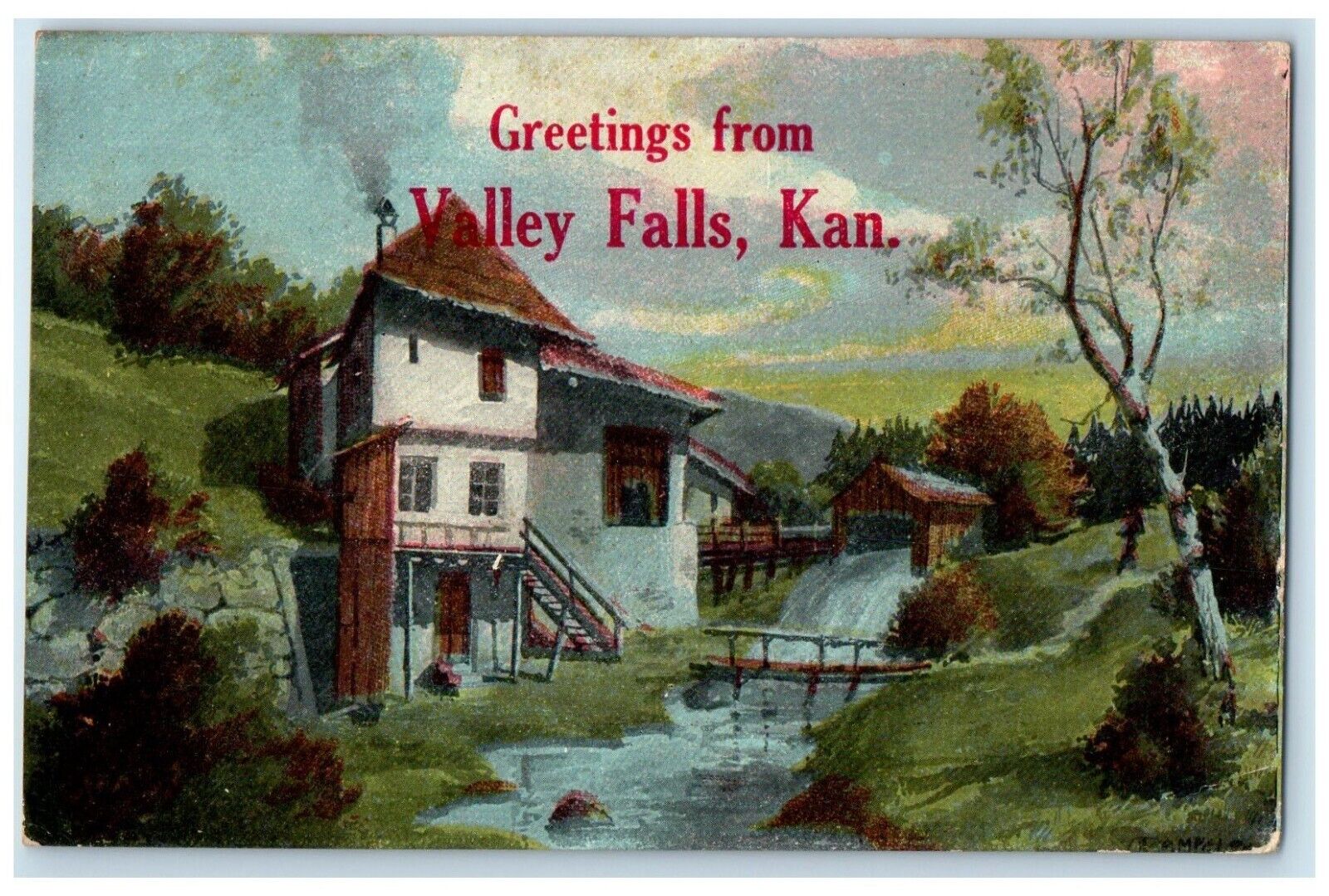 1908 Greetings From Exterior View Lake Valley Falls Kansas KS Vintage Postcard