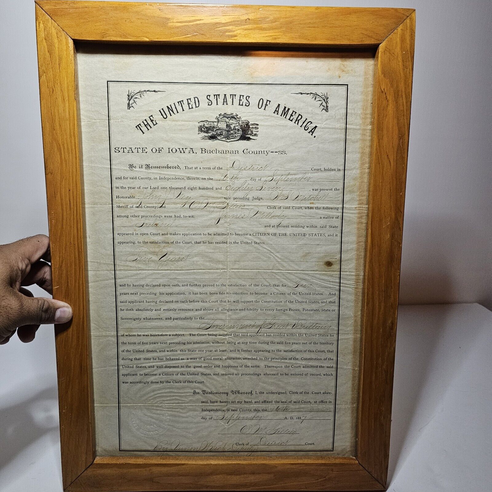 Antique 1887 Certificate Of Citizenship State Of Iowa American Memorabilia