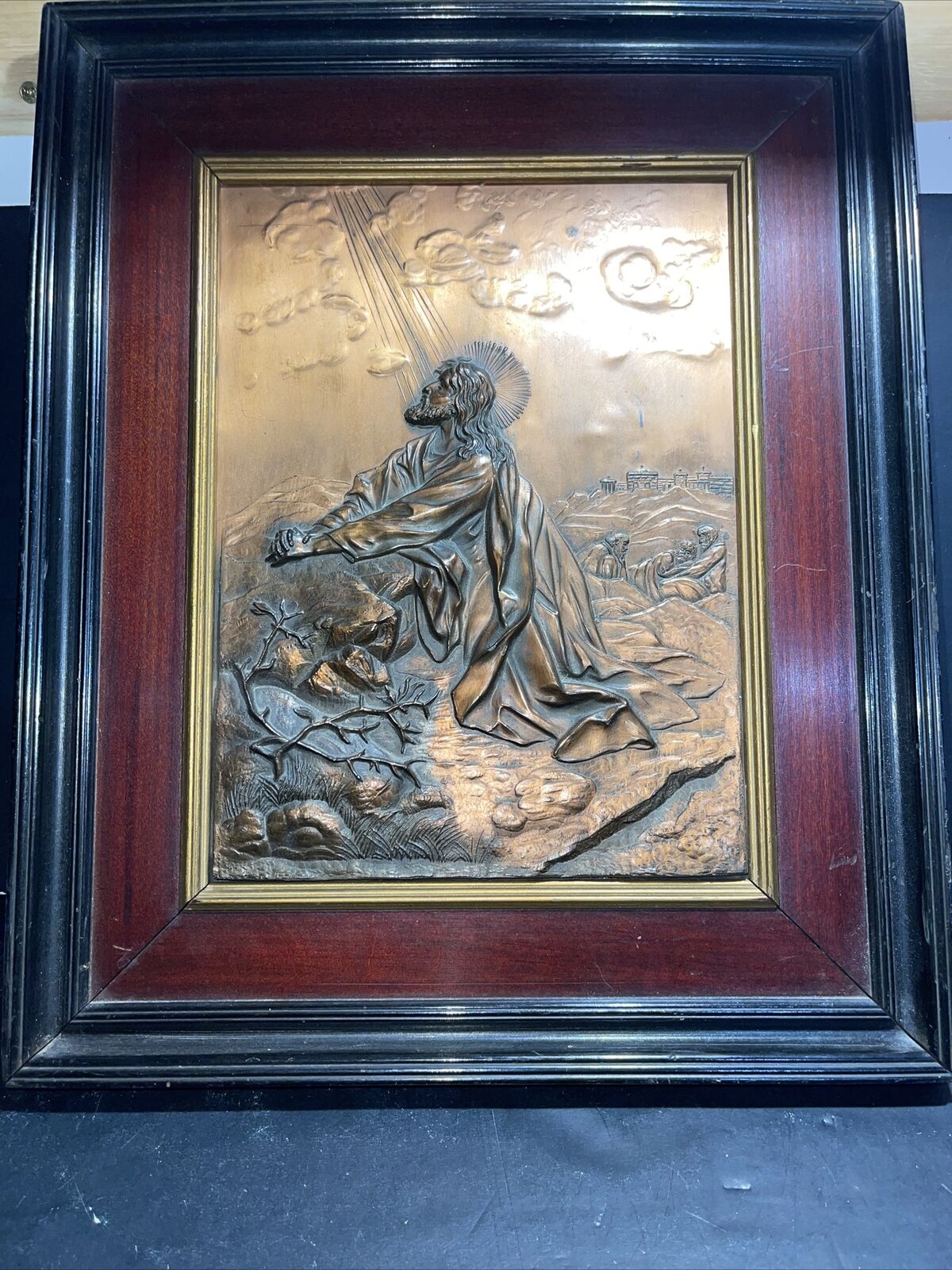 Antique copper plated bas relief of agony of Jesus at Gethsemane 12.5 x 15
