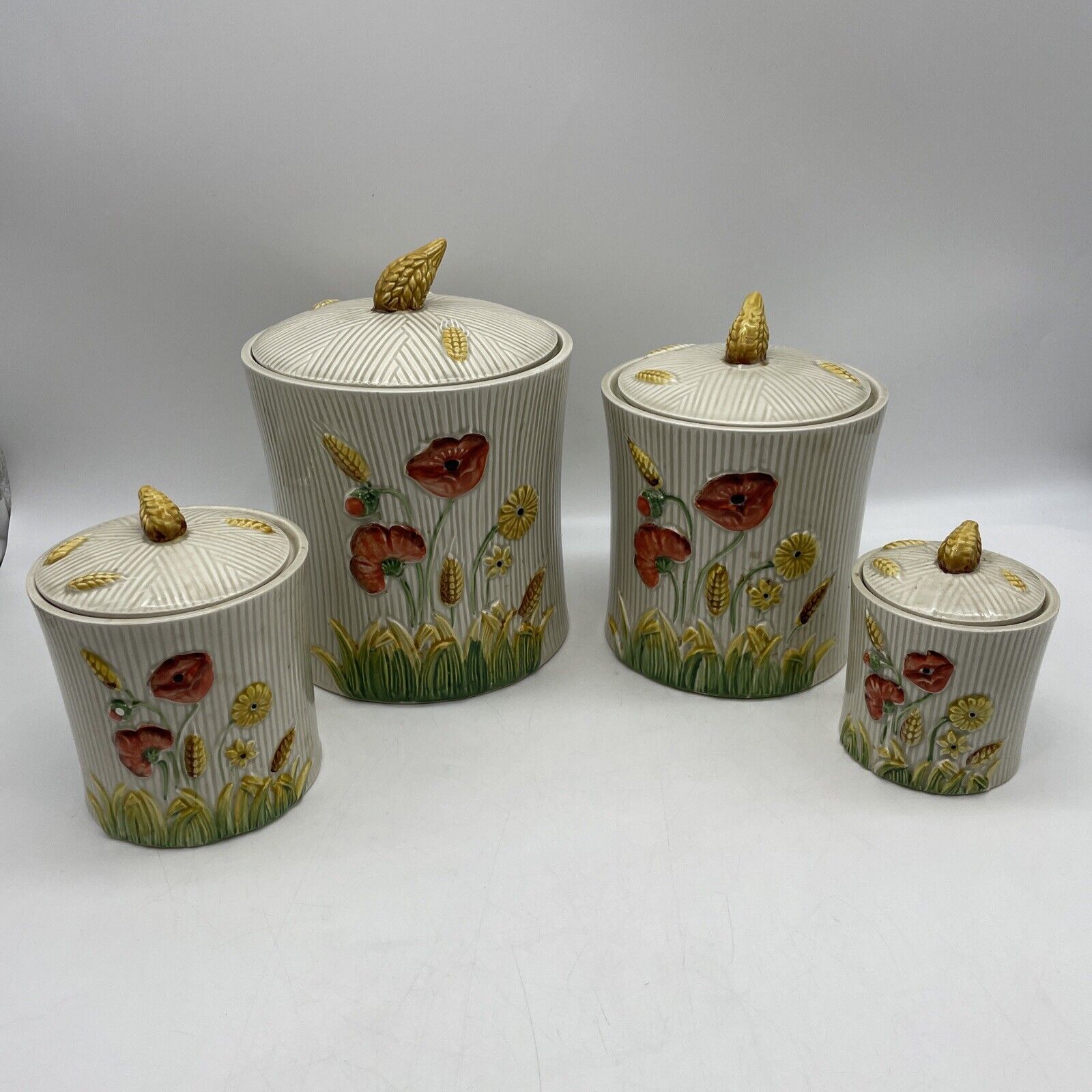 Set Of 4 Empress by Haruta 1980's Cookie Jar Canisters w/3D Wheat & Poppies