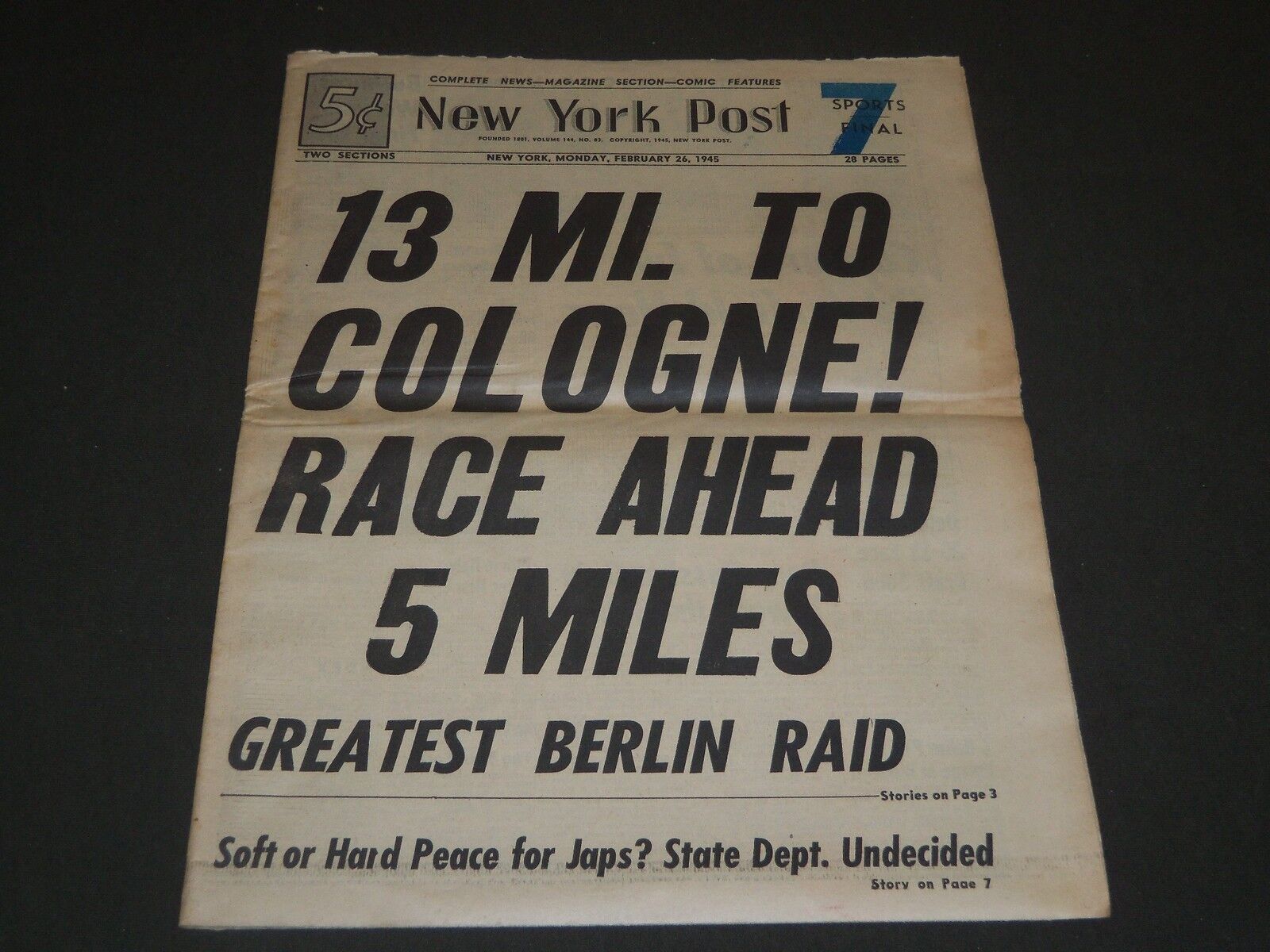 1945 FEBRUARY 26 NEW YORK POST NEWSPAPER - 13 MI. TO COLOGNE - NP 2022