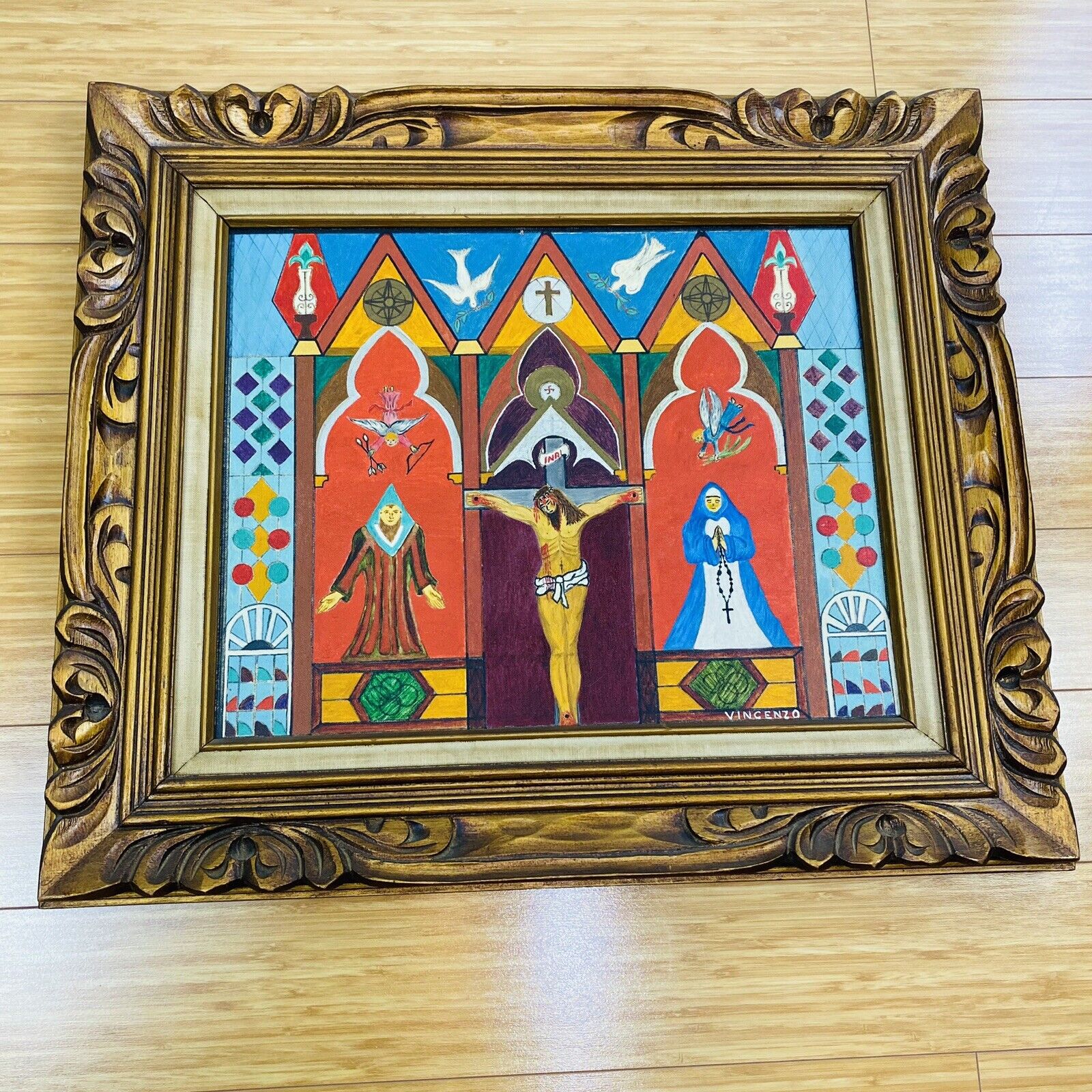 Vintage Folk Art Jesus Crucifixion Jesus Mary Angels Mexican Art by Vincenzo