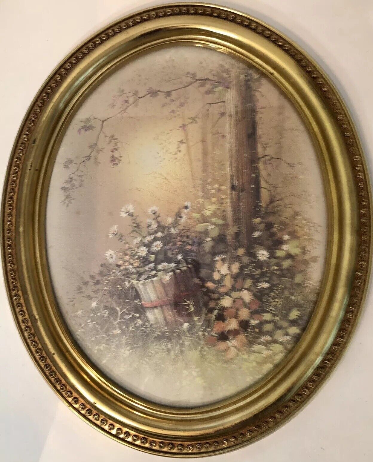 Vintage Syroco Wild Flowers Scenery Oval Gold Rose Frame Picture USA