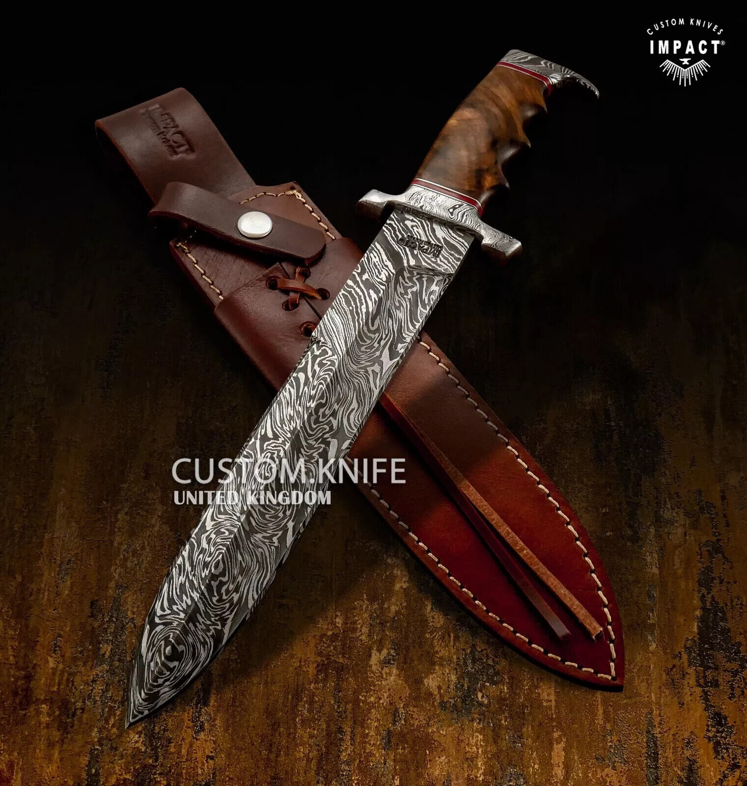 IMPACT CUTLERY DOUBLE EDGED DAMASCUS BOWIE KNIFE BURL WOOD HANDLE- 1627
