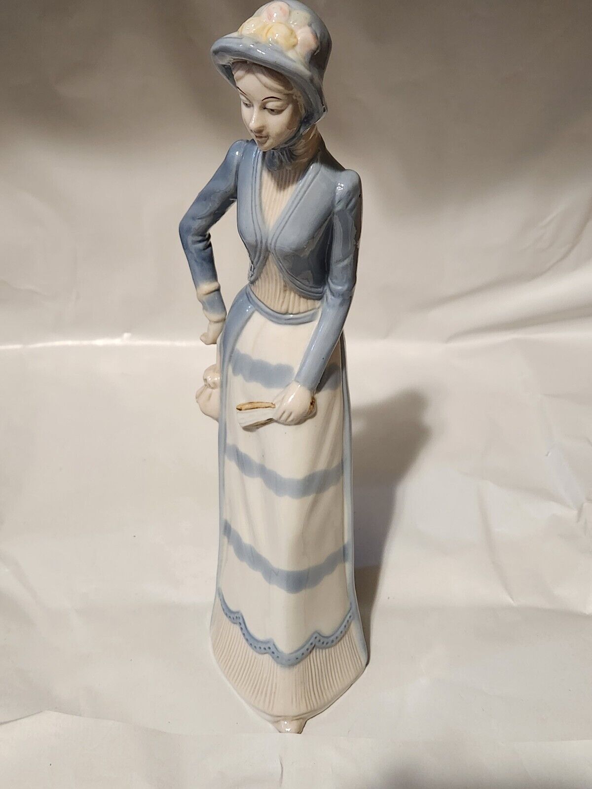 Vintage MORRISON Porcelaine Figurine Lady in Blue Gray Jacket And Skirt 13” Tall