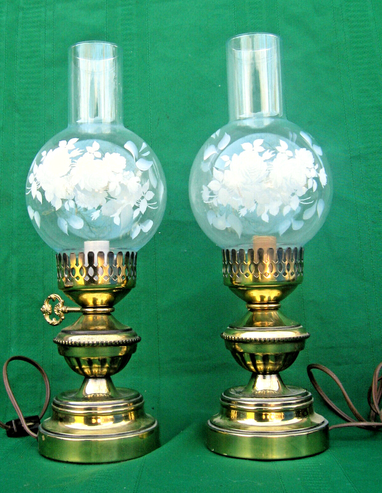 Pair of Antique Style Brass Lamps w/ White Rose Painted Glass Shades