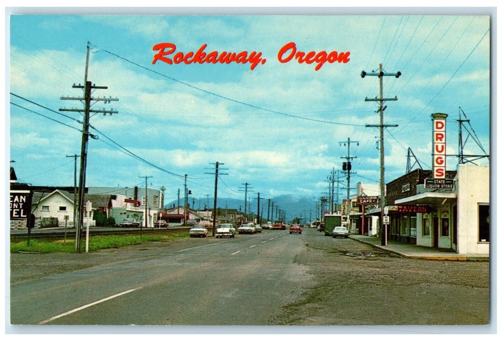c1960 Busy Resort Cities Oregon Coast Classic Cars Road Rockaway Oregon Postcard