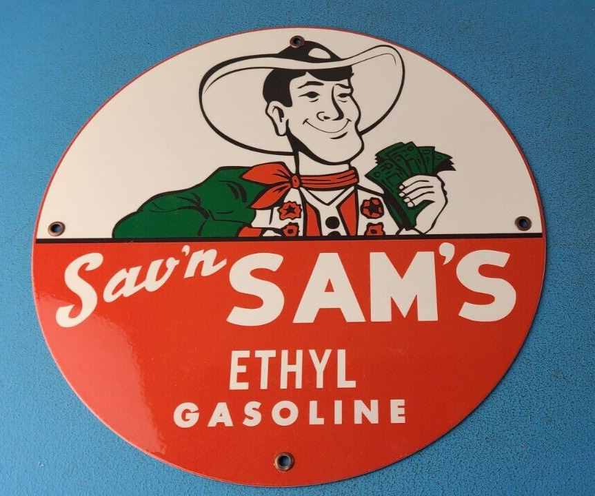 VINTAGE SAV'N SAM'S ETHYL GASOLINE PORCELAIN GAS SERVICE STATION PUMP PLATE SIGN