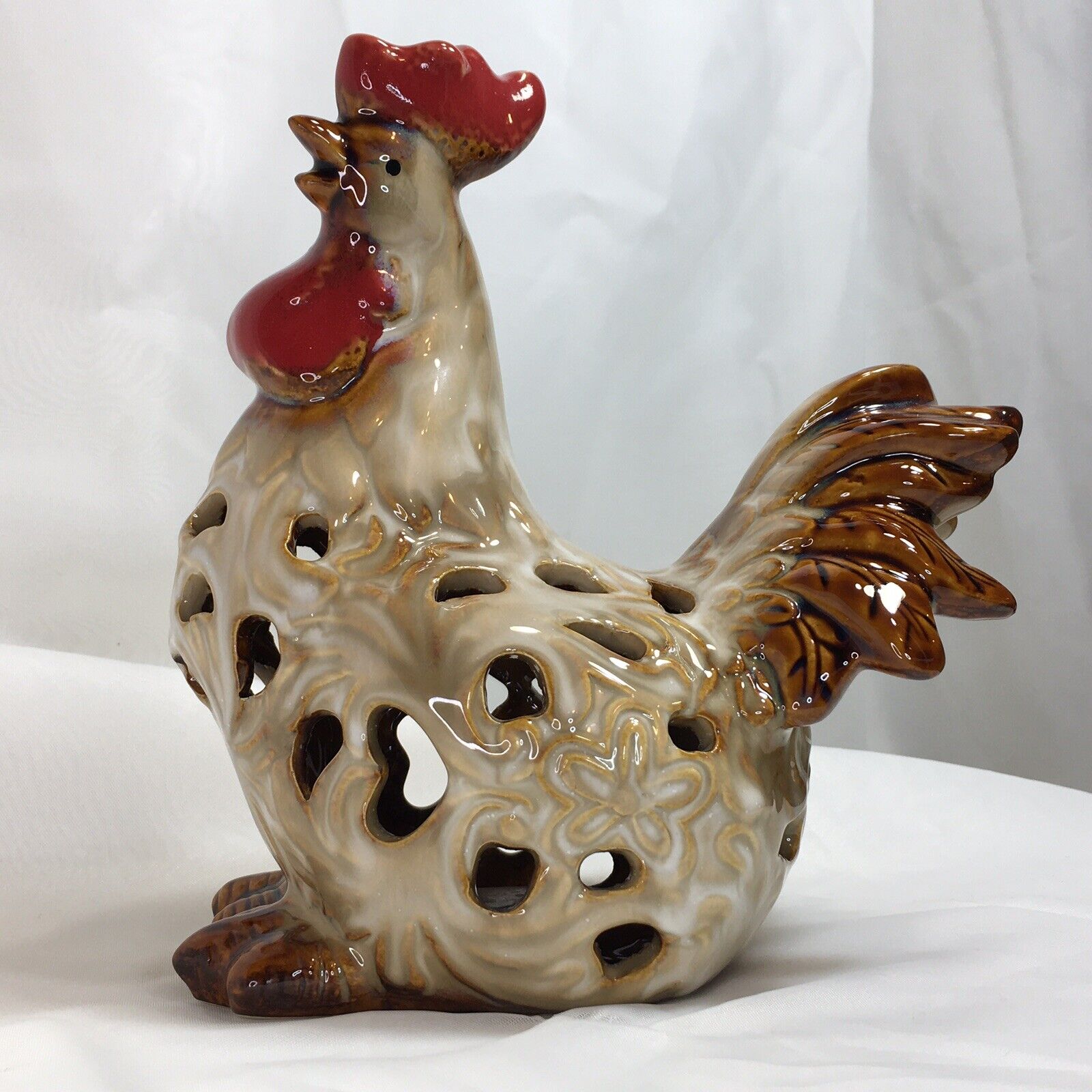 Rooster Figurine, Chicken, Bird, Glazed Ceramic, Pierced, 7.5”  Collectible ❤️