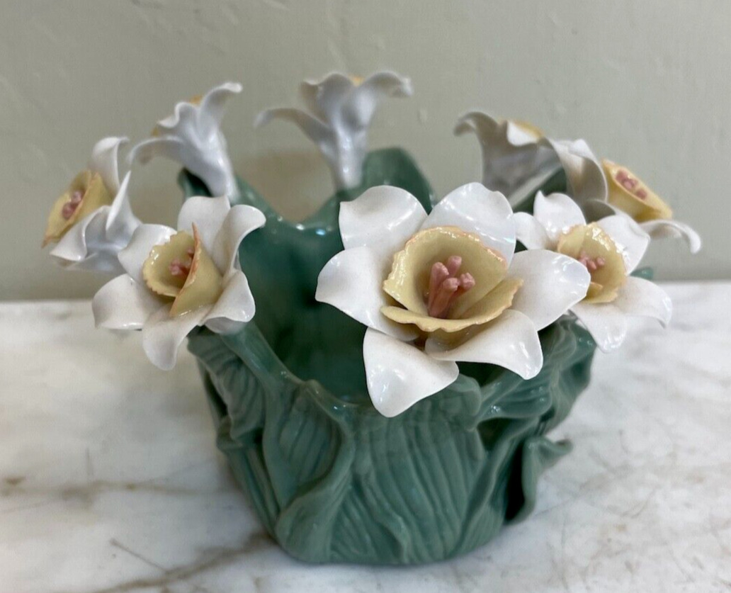 Unique Small Porcelain Centerpiece with Flowers, Leaves