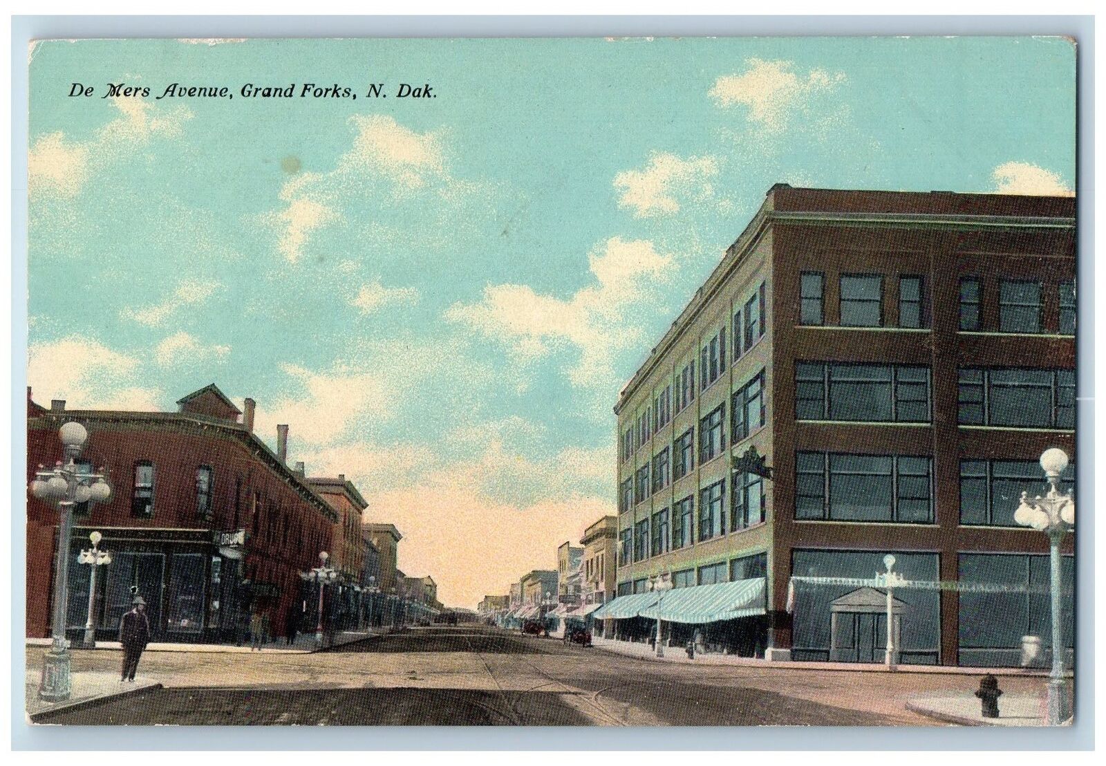 Grand Forks North Dakota ND Postcard De Mers Avenue Business Section c1920\'s