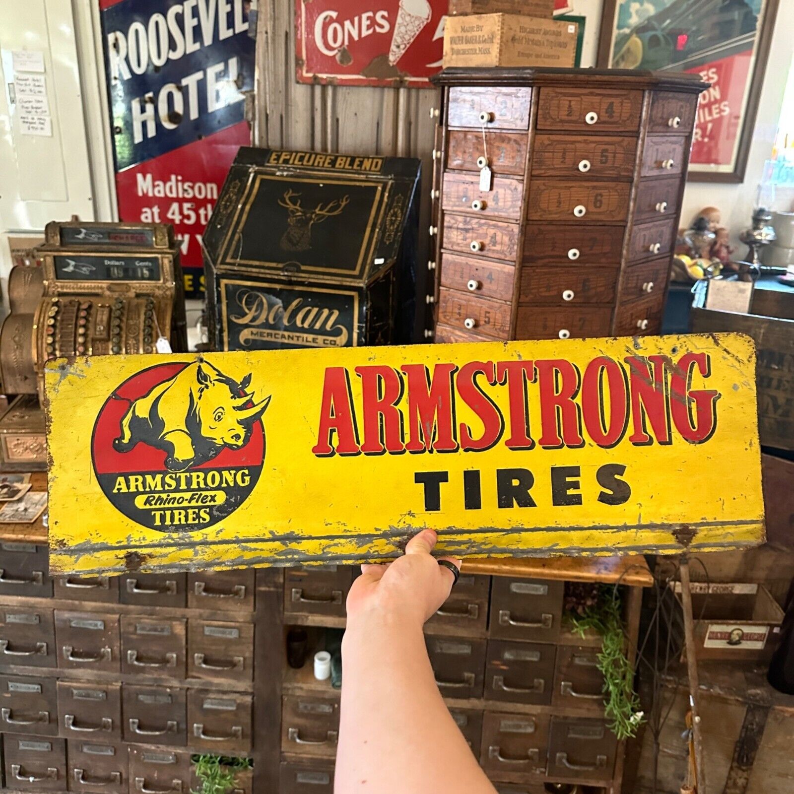 Vintage Armstrong Rhino Tires Tin Metal Advertising Sign Garage Gas Station