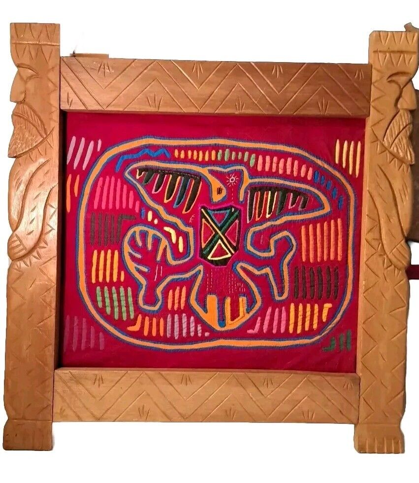 VTG KUNA INDIAN Mola Folk Art Hand Stitched Multi Layer Bird Carved Frame