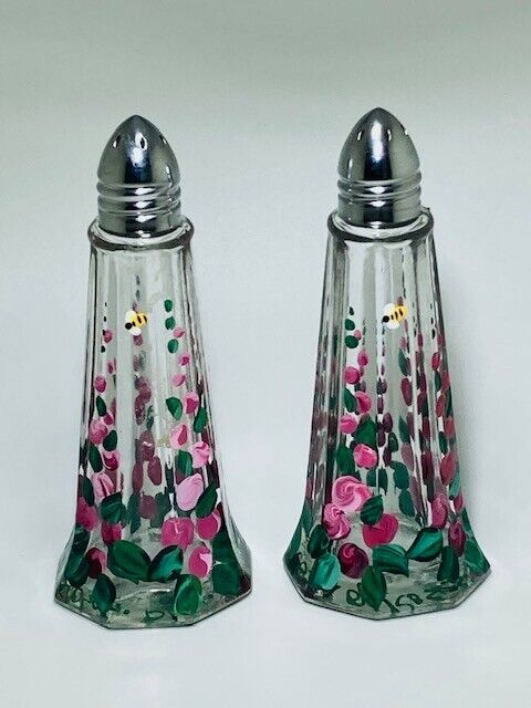 Glass Salt Pepper Shaker Set Hand Painted Flowers Bee A Bed of Roses  By DKU \'01