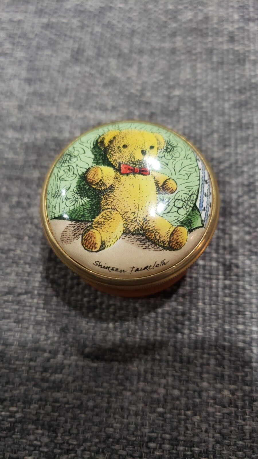 Halcyon Days Miniature Enamel Trinket Pill Box Yellow Bear Red Tie Caramel Box
