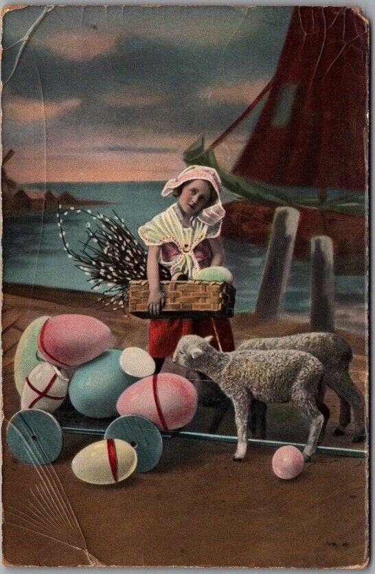 c1910s EASTER Greetings GEL Postcard Dutch Girl / Lambs / Giant Colored Eggs