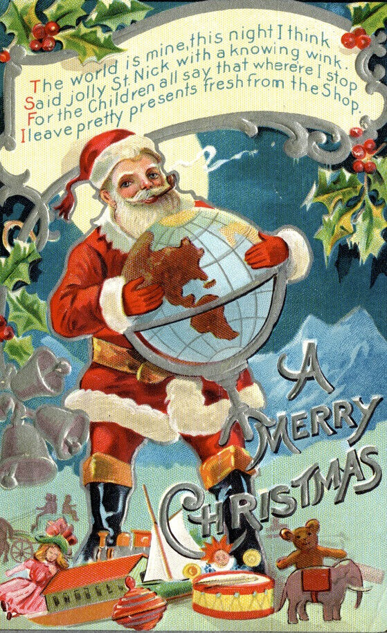 Antique Santa Smoking Pipe Postcard Christmas Toys Globe Vintage 1909