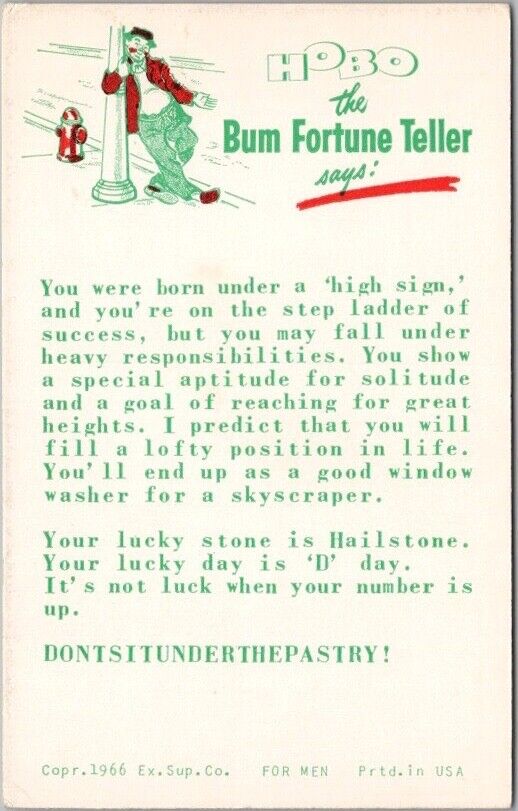 1966 HOBO The Bum Fortune Teller Exhibit Card FOR MEN 