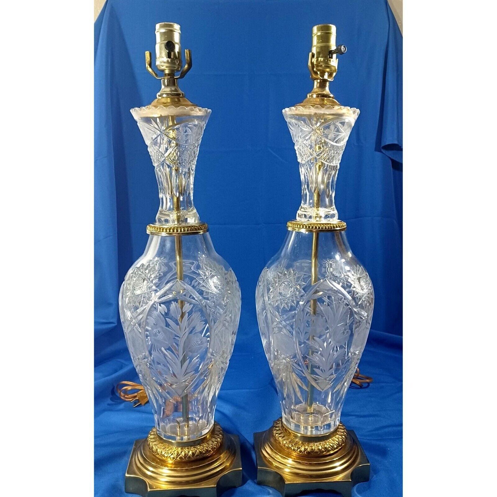 2 Vintage MCM Hollywood Regency Bohemian Crystal Brass Tiered Buffet Table Lamps