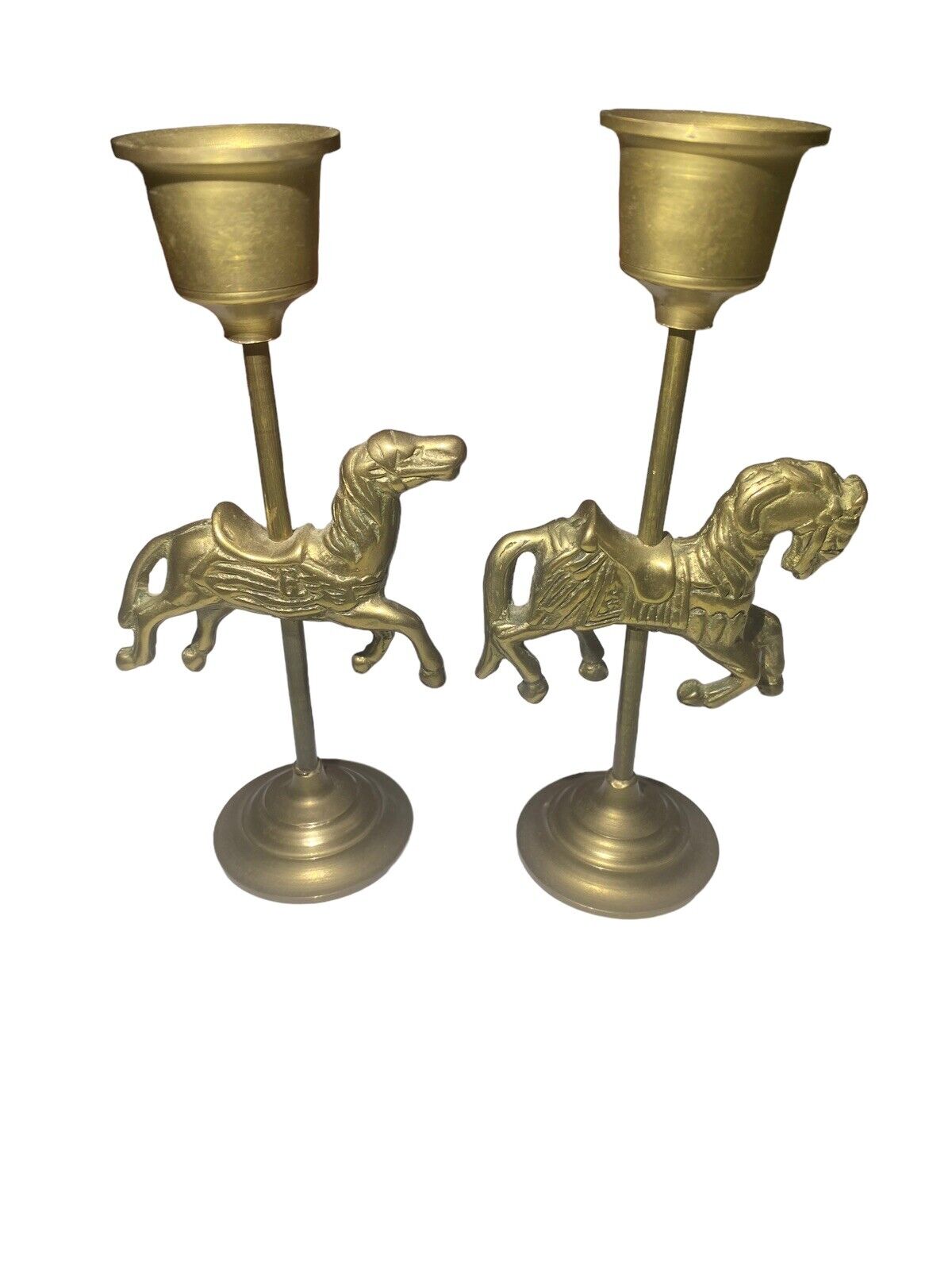 Pair of 5” Tall Solid Brass Carousel Horse Candle Holders Vintage