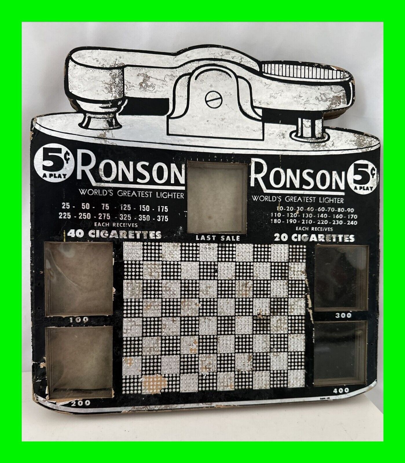 Unique Vintage Ronson Lighter Store Display 5¢ Cent Gambling Punchboard RARE HTF