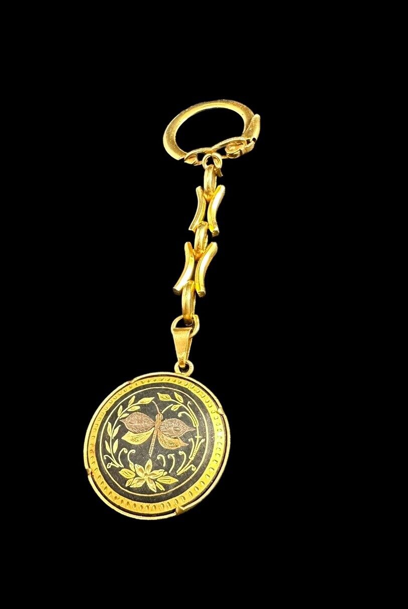 Vintage Damascene Gold Butterfly Round Keychain Key Ring