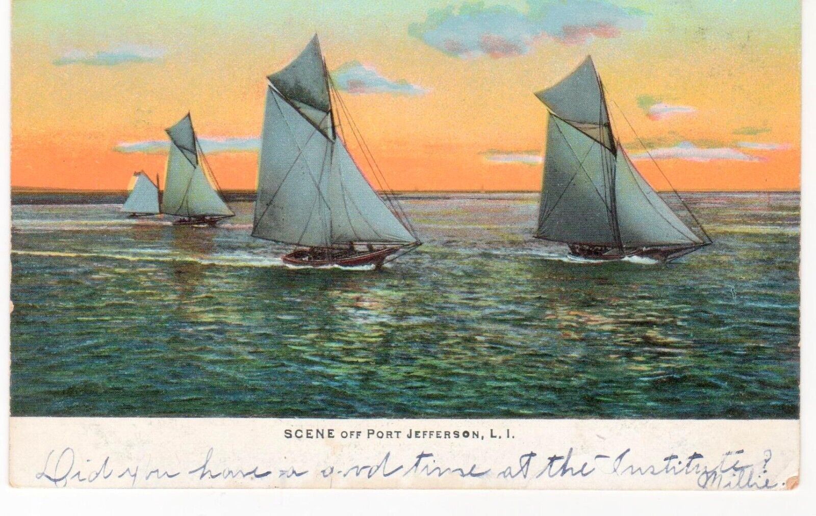 Sailing Scene Port Jefferson Long Island NY Harbor Postcard 1906