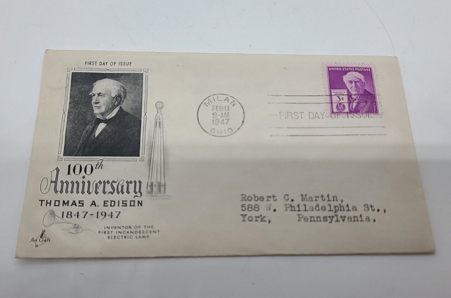 100th Anniversary of Thomas Edison 1847-1947 Commemorative Envelope 1st Issue