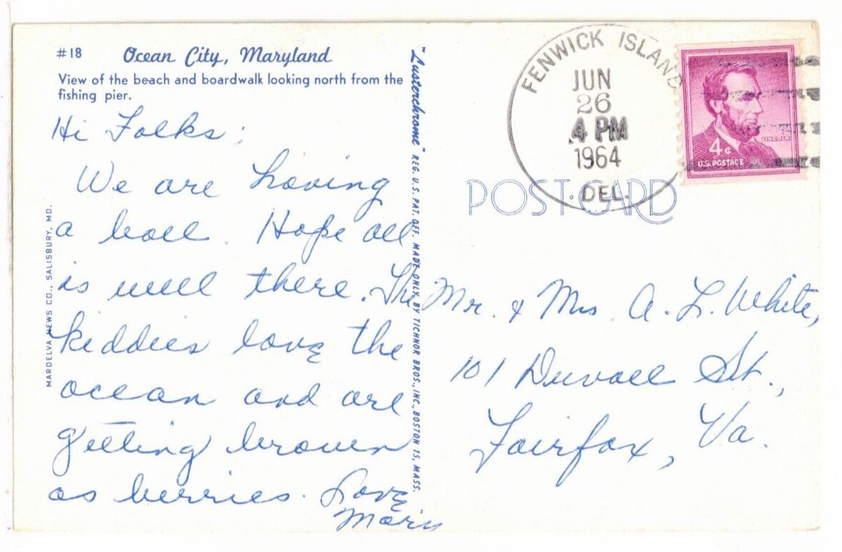 1964 PC: RARE FENWICK ISLAND, DELAWARE Postmark – Population:  100