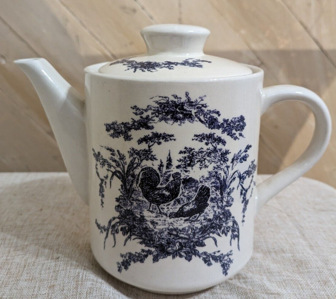 California Pantry Teapot Blue Country French Rooster Ceramic