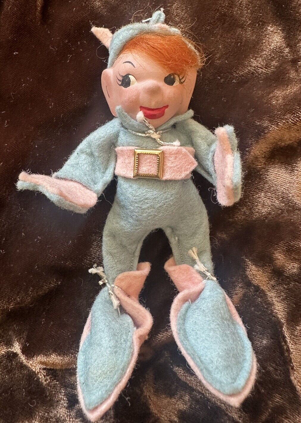 Vintage 1940s Jump Jump Holiday House red hair blue felt posable pixie elf doll