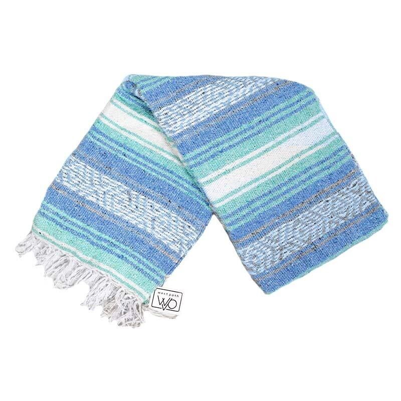 Blue and Mint Mexican Blanket Serape Throw | Yoga Blanket Boho Falsa Blanket