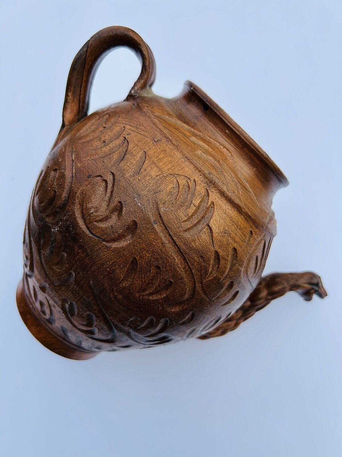 Unique Etched Medium Sized Clay Fired Jug With Snake Ornament 8”unknown Origin 