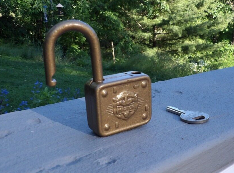 Vintage Master Lock Co. # 77 Padlock Embossed Lion Head Lock with Key USA Works