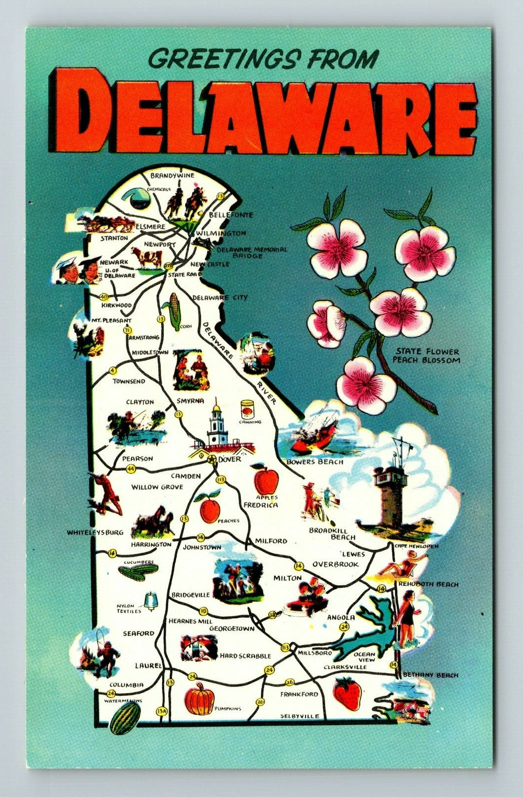 DE-Delaware, General Greetings, Map View, State Flower, Vintage Postcard