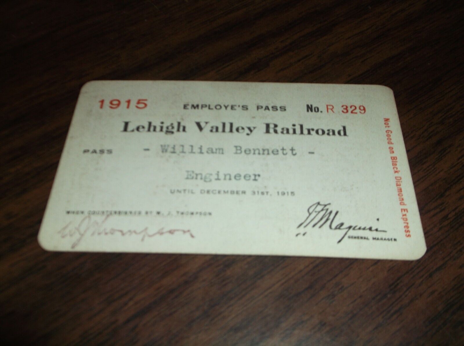 1915 LEHIGH VALLEY RAIL ROAD EMPLOYEE PASS #329