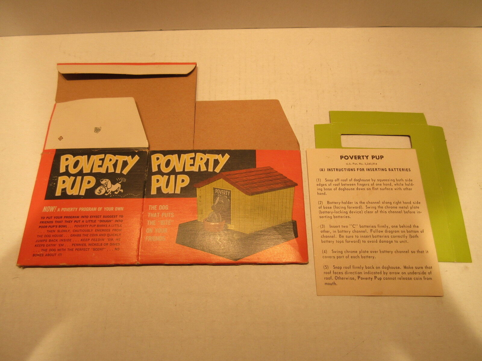 1966 POVERTY PUP COIN OPERATED BANK BOX ONLY WITH INSTRUCTIONS